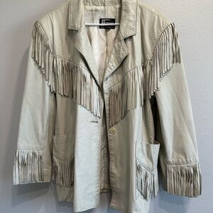VTG Comint Argentina Leather Fringe Jacket - Cream,size 16 (large/xlarge),flaws